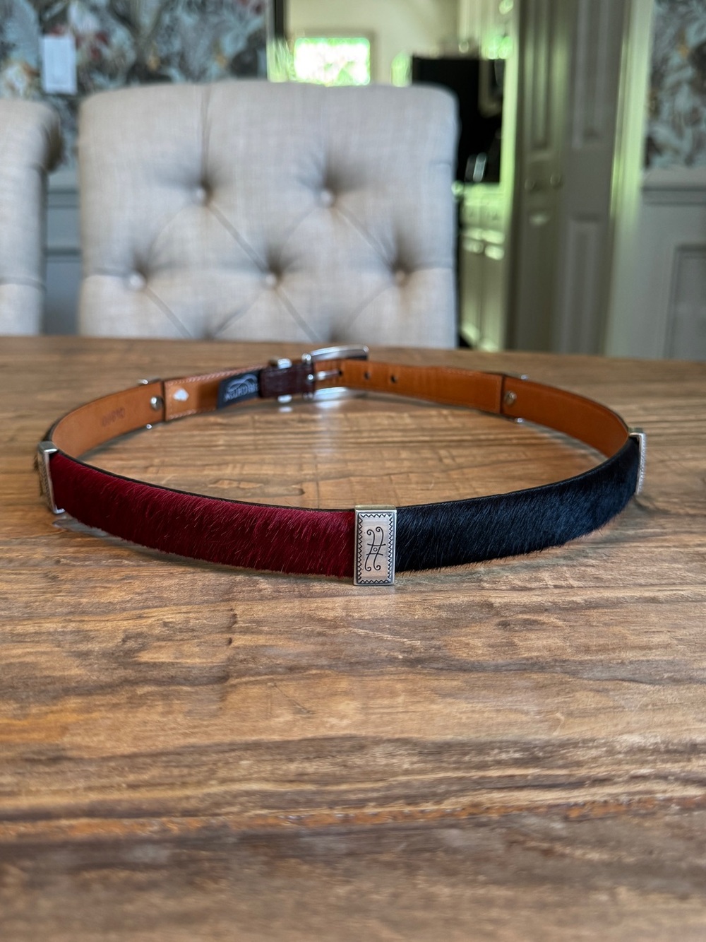 Brighton Multi-Color Pony Hair Silver Concho Leather Belt Sz 32 / M - Picture 4 of 11